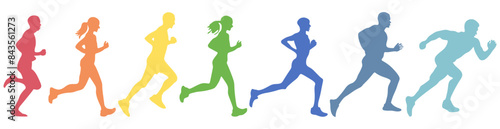 Colorful silhouettes of running people. Marathon concept. Side view. Vector illustration of running men and women photo