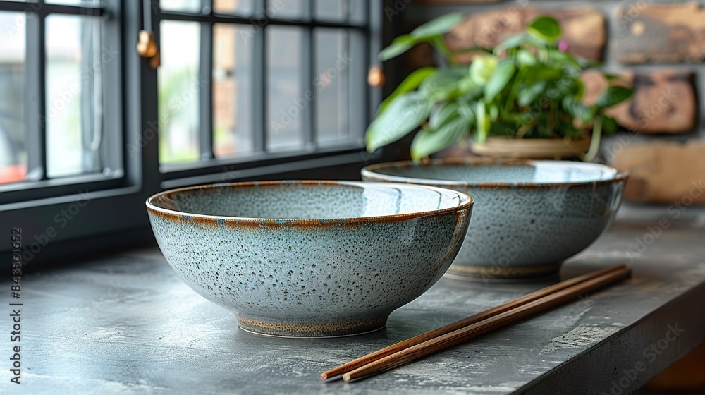 Ceramic Bowls and Chopsticks on Modern Kitchen Counter Ceramic Bowls and Chopsticks on Modern Kitchen Counter