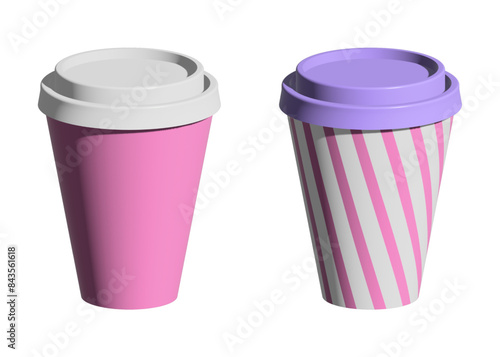 Disposable cup.3D paper coffee cups isolated on white background.Pastel cups for drinks.