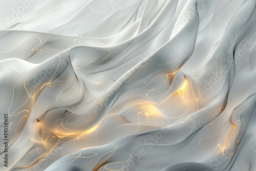 An abstract image featuring smooth, flowing curves in shades of white, silver, and gold. The design is dynamic and ethereal, with light and fine golden lines adding depth and movement.