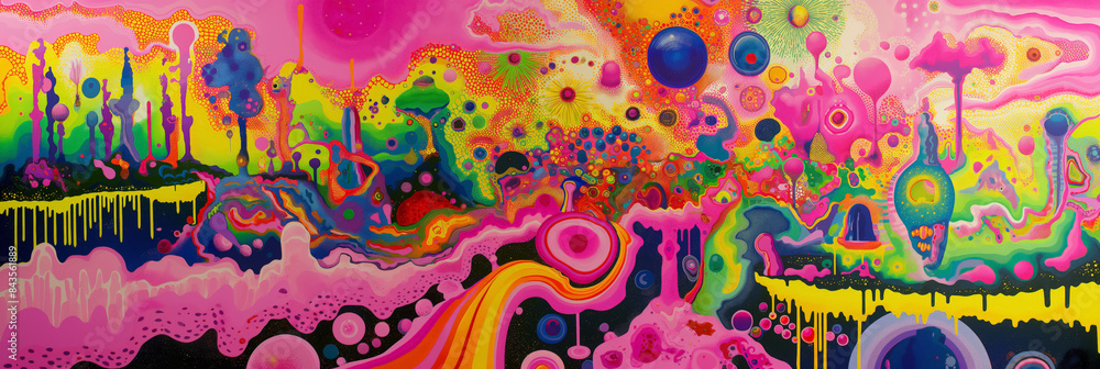 Abstract, vibrant mural filled with psychedelic colors and patterns, creating a dynamic and chaotic visual feast for the eyes. Abstract, vibrant mural filled with psychedelic colors and patterns, creating a dynamic and chaotic visual feast for the eyes.