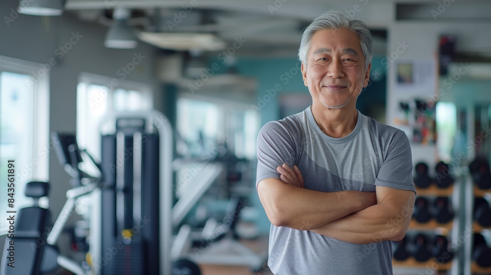 Obraz premium Elderly Male Korean Fitness Trainer in a Modern Gym, Promoting Active Seniors Lifestyle and Physical Wellness