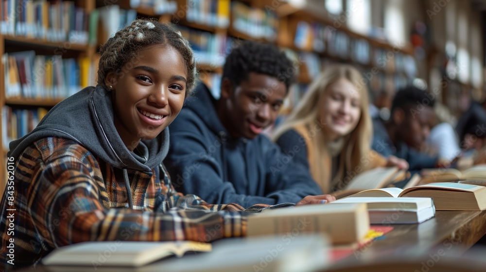 Diverse Group of Students Studying Together in a Library Diverse Group of Students Studying Together in a Library
