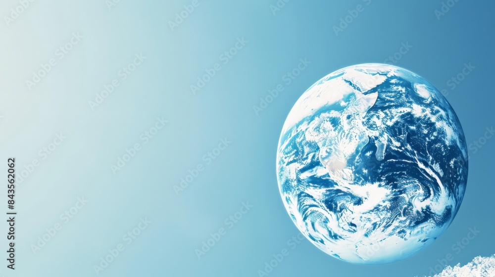 Earth floating in space with a light blue background, highlighting the planet's natural beauty and fragility. Perfect for concepts of global awareness, environmental protection, and Earth Day Earth floating in space with a light blue background, highlighting the planet's natural beauty and fragility. Perfect for concepts of global awareness, environmental protection, and Earth Day