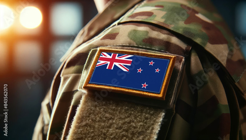 A soldier's uniform with the New Zealand flag patch, symbolizing patriotism and service to the nation