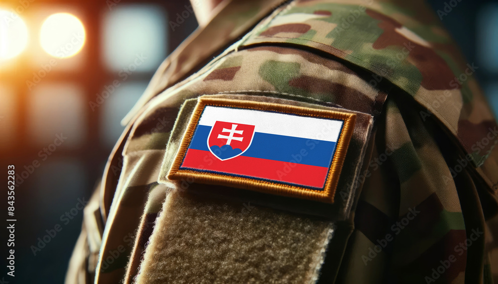 Obraz premium A soldier's uniform with the Slovakia flag patch, symbolizing patriotism and service to the nation
