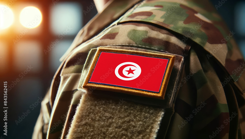 Obraz premium A soldier's uniform with the Tunisia flag patch, symbolizing patriotism and service to the nation