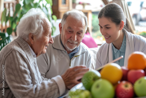 Elderly Caucasian couple consulting with a young nurse about healthy eating choices