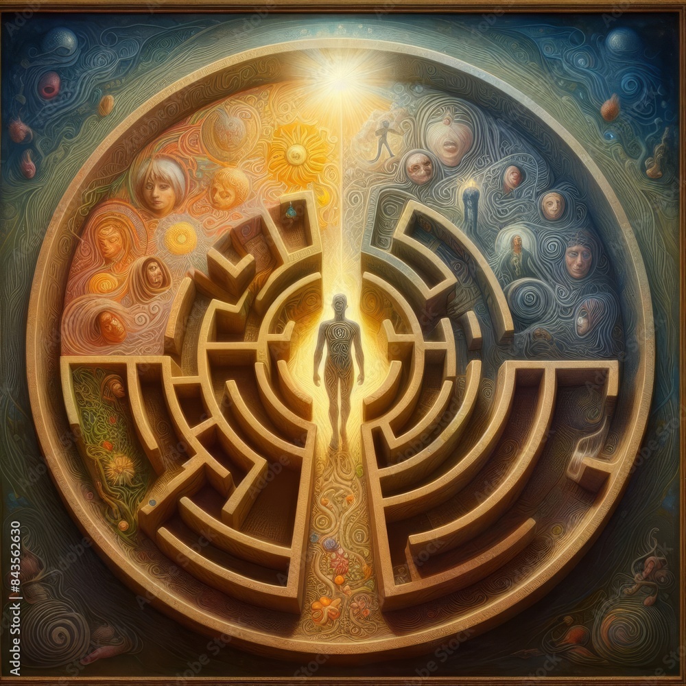 A person walking through an intricate maze with cosmic and human elements. Bright light leads the way, symbolizing enlightenment and self-discovery. A person walking through an intricate maze with cosmic and human elements. Bright light leads the way, symbolizing enlightenment and self-discovery.