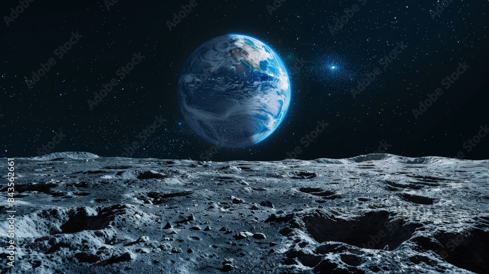 Spectacular view of Earth from the moon's surface with a starry sky ...