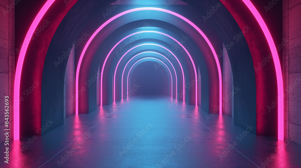 Futuristic, neon-lit tunnel with a series of glowing pink and blue arches creating a mesmerizing, symmetrical pathway. The smooth floor reflects the vibrant lights, enhancing the sci-fi ambiance. Futuristic, neon-lit tunnel with a series of glowing pink and blue arches creating a mesmerizing, symmetrical pathway. The smooth floor reflects the vibrant lights, enhancing the sci-fi ambiance.