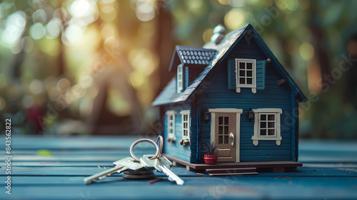 A miniature model of a cozy tiny house with a set of silver keys placed beside it, symbolizing the concept of purchasing a small home or property in the real estate market. © Illustrations