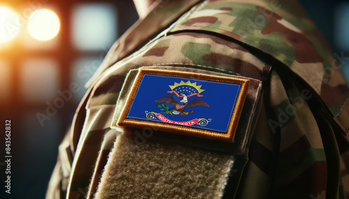 A soldier's uniform with the North Dakota flag patch, symbolizing patriotism and service to the nation photo