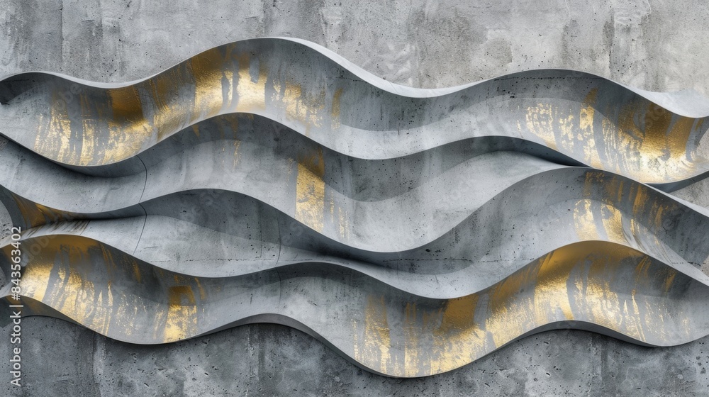Abstract modern concrete wall with wavy metallic elements and golden accents, creating an artistic and industrial design aesthetic. Abstract modern concrete wall with wavy metallic elements and golden accents, creating an artistic and industrial design aesthetic.
