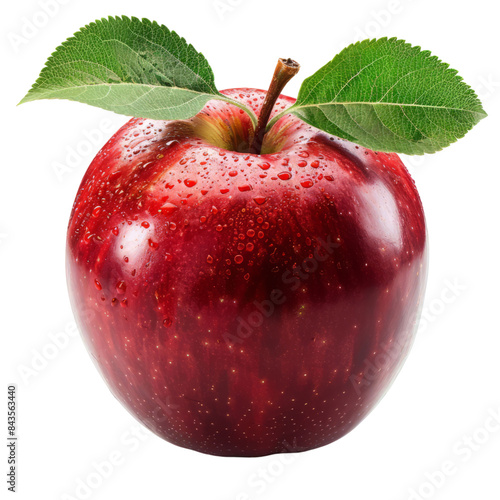 Red apple with leaf isolated on transparent background.