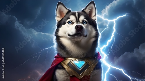 The likeness of a super hero Dog husky with lightning bolt and cloud photo