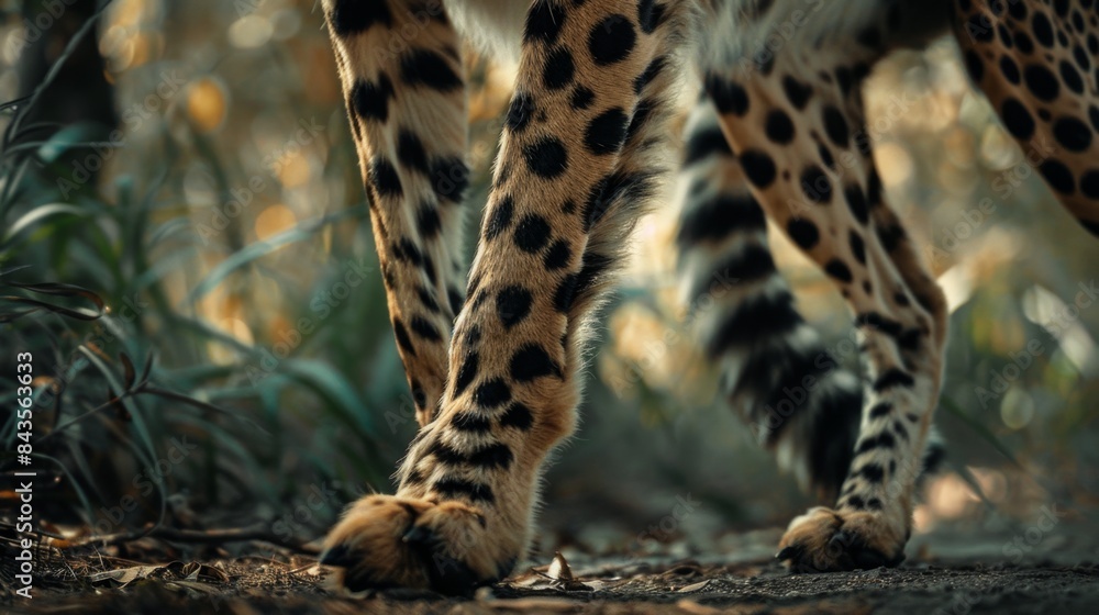 Close-up of a cheetah's legs and paws in the wild, showcasing its distinctive spots and natural habitat surrounded by foliage. Close-up of a cheetah's legs and paws in the wild, showcasing its distinctive spots and natural habitat surrounded by foliage.
