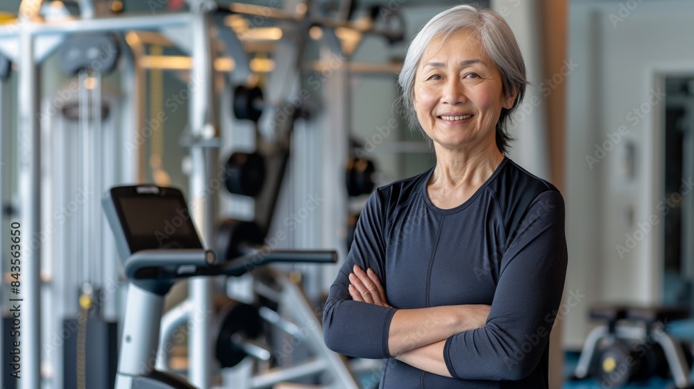 Obraz premium Confident Elderly Female Fitness Trainer in a Modern Gym Setting, Promoting Healthy Living and Well-being for Seniors