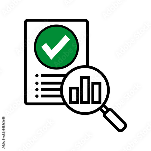 Document with checkmark and magnifying glass, financial data report and analysis icon vector