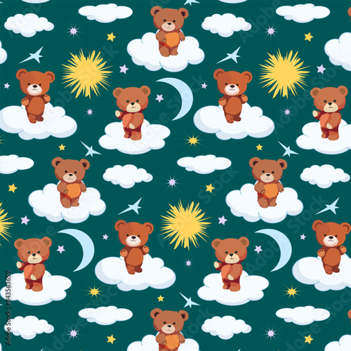 Bear cubs on the clouds.Vector seamless pattern with bears on clouds and stars on a colored background.