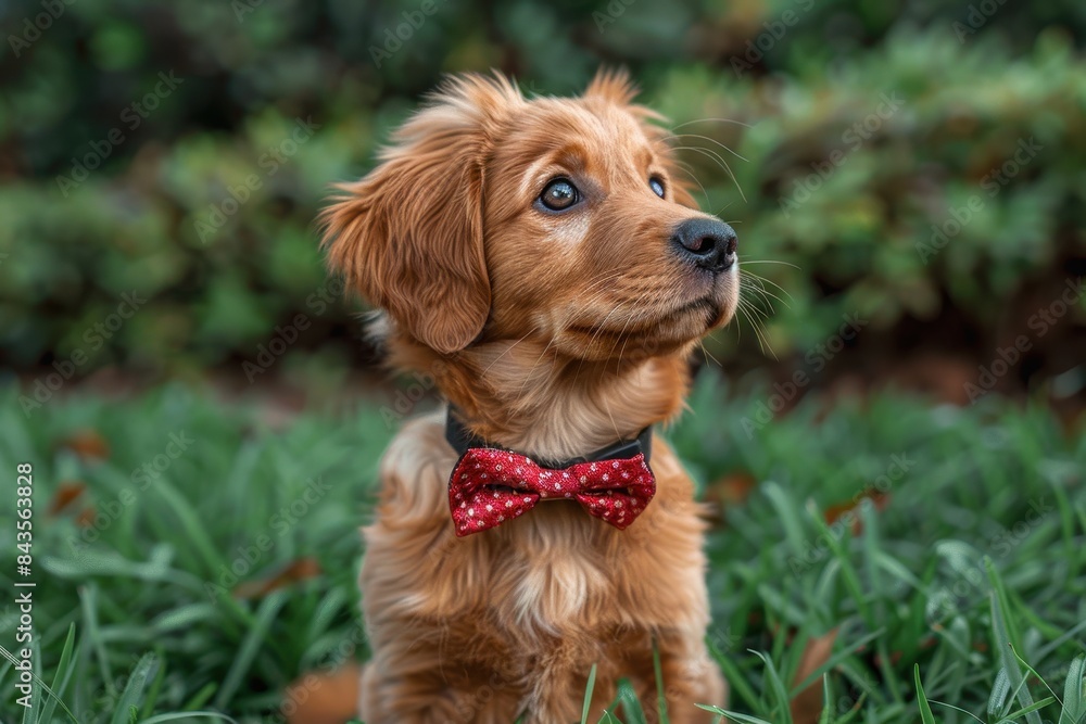 A fluffy golden retriever puppy sitting on a green lawn, wearing a red bow tie and looking up with big, curious eyes A fluffy golden retriever puppy sitting on a green lawn, wearing a red bow tie and looking up with big, curious eyes