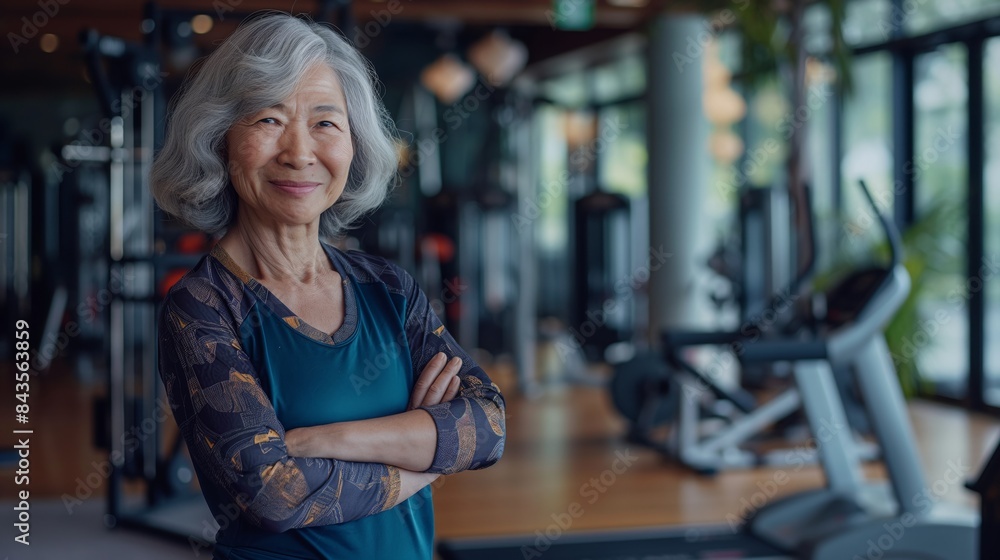 Confident Senior Asian Female Fitness Trainer in Modern Gym - Promoting Health and Wellness Confident Senior Asian Female Fitness Trainer in Modern Gym - Promoting Health and Wellness