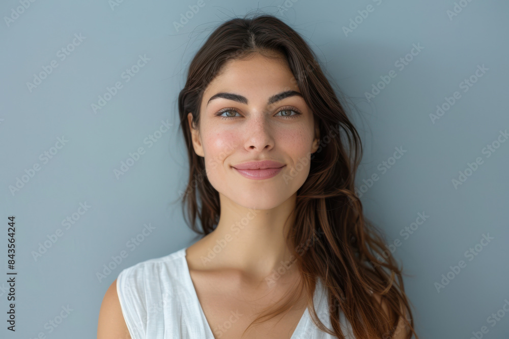 A close up portrait of a young woman with a subtle smile A close up portrait of a young woman with a subtle smile