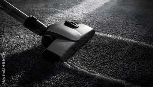 Hoovering carpet with vacuum cleaner, space for text. Clean trace on dirty surface photo