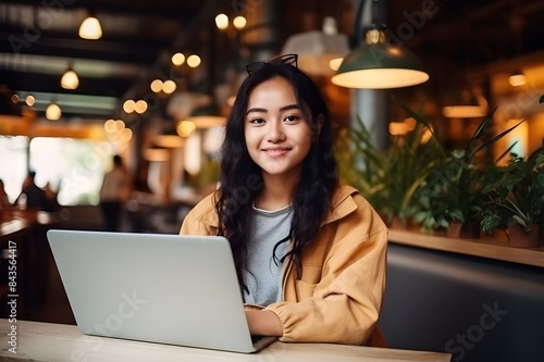 Effortless Elegance, Asian Woman Student or Freelancer Typing on Laptop in Cafe, Direct Gaze, Asian Beauty at Work, blurred background