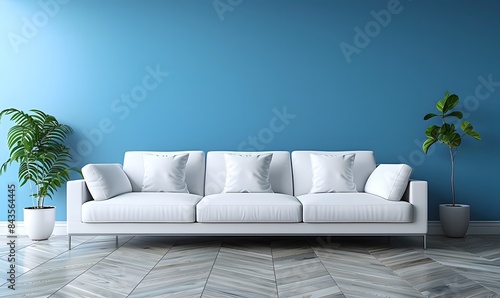 an empty living room featuring a blank blue wall as the focal point. The minimalist design allows for providing a blank canvas for creativity to flourish