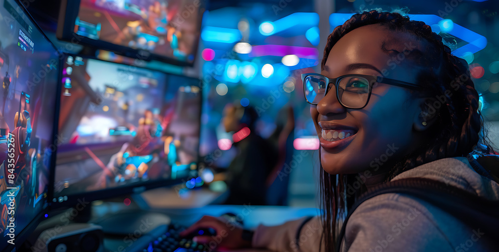 black woman her late twenty wearing glass smiling while sitting office desk looking into camera confidence she look over two large monitor showing image of people playing video game them background black woman her late twenty wearing glass smiling while sitting office desk looking into camera confidence she look over two large monitor showing image of people playing video game them background