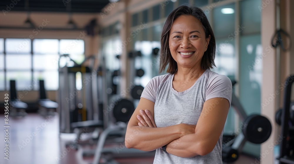 Obraz premium Smiling Middle-Aged Female Filipino Fitness Trainer in Modern Gym Setting for Wellness and Health Promotion