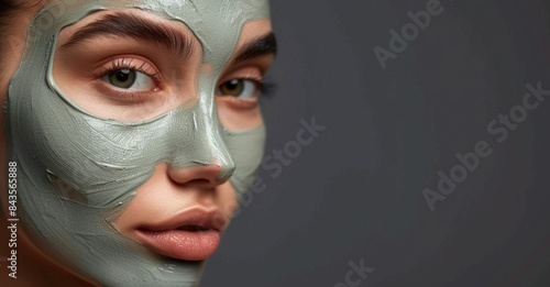 Portrait of beautiful woman with clay mask on face for skin care and beauty treatment.