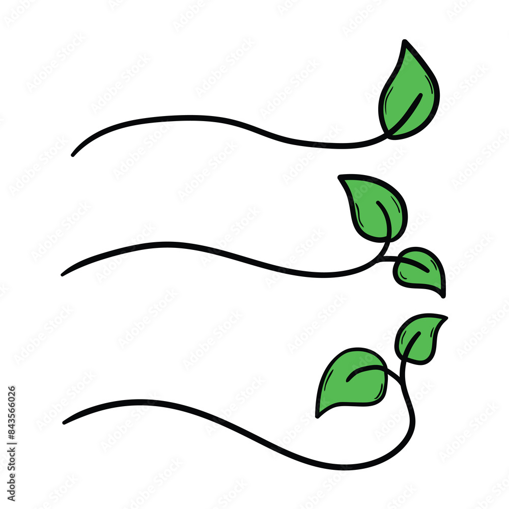 Hand drawn cartoon set of green leaves on white background. Hand drawn cartoon set of green leaves on white background.