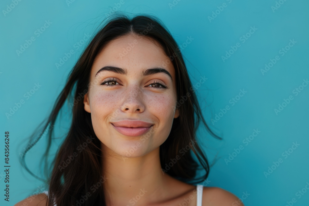 A close up portrait of a young woman with a subtle smile A close up portrait of a young woman with a subtle smile