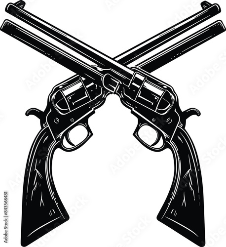 Illustration of crossed revolvers in cartoon style,  Gun vector icon, two crossed revolvers with white Background