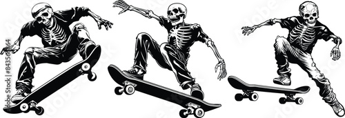 Vector set of Skateboard Skeleton. skull skater jumping kickflip skateboard trick. t-shirt design black and white Vector illustration.