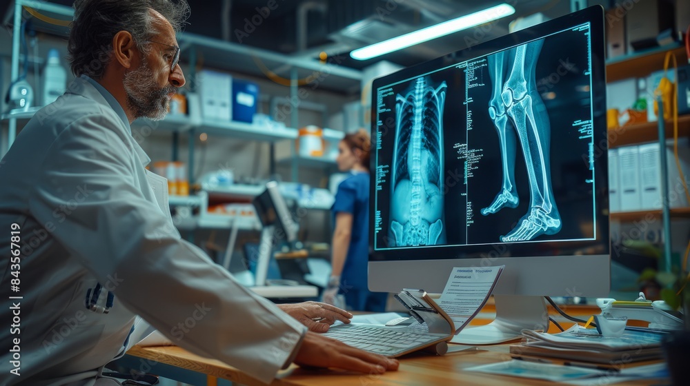 Close-up of a high-resolution x-ray image of a human leg being displayed on a modern computer monitor for in-depth medical diagnosis and treatment in a hospital setting Close-up of a high-resolution x-ray image of a human leg being displayed on a modern computer monitor for in-depth medical diagnosis and treatment in a hospital setting