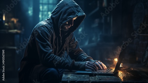 Cyber hacker wearing hoodie typing code with focused gaze on screen