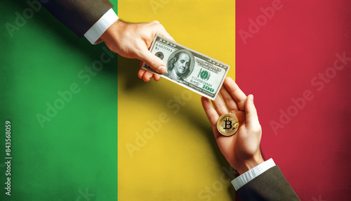 Exchanging traditional dollars for Bitcoin on Mali flag background, symbolizing the shift to digital currency in the modern financial world