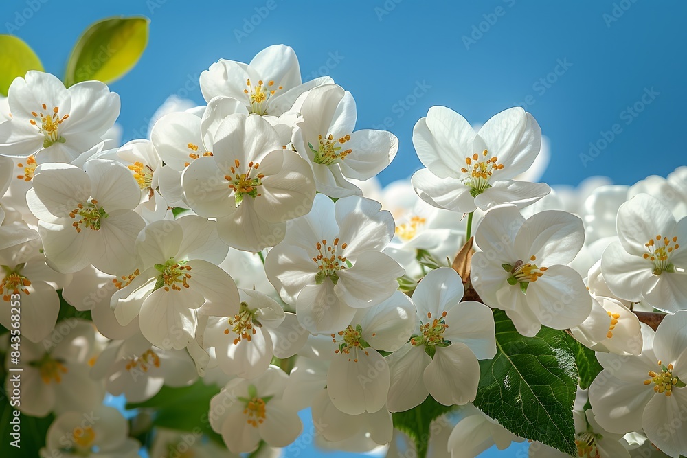 Fototapeta premium Spring Blossoms: White Apple Tree Flowers against a Clear Blue Sky for Nature Photography and Garden Design
