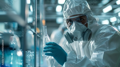 The image captures a focused scientist in a white lab coat, carefully executing chemical experiments in a state-of-the-art laboratory.