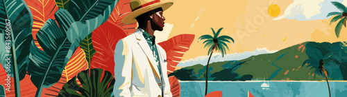 Stylish summer fashion in a tropical setting with elegant man wearing chic dresses and hats