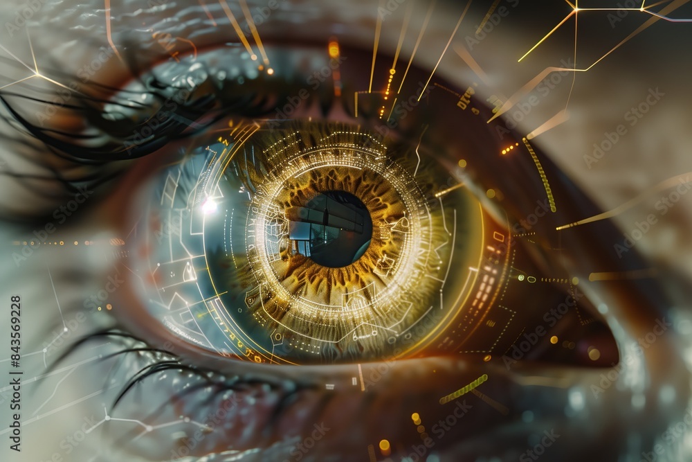 Closeup of a human eye with futuristic digital technology. Concept of secure vision and biometric identification. Advanced science and data scan for better eyesight, protection,