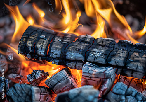 closeup of flame wood burning outdoor fire pit focusing their warm glow dynamic motion background blurred emphasize detail of flame foreground there piece of dark brown wooden log edge slightly photo