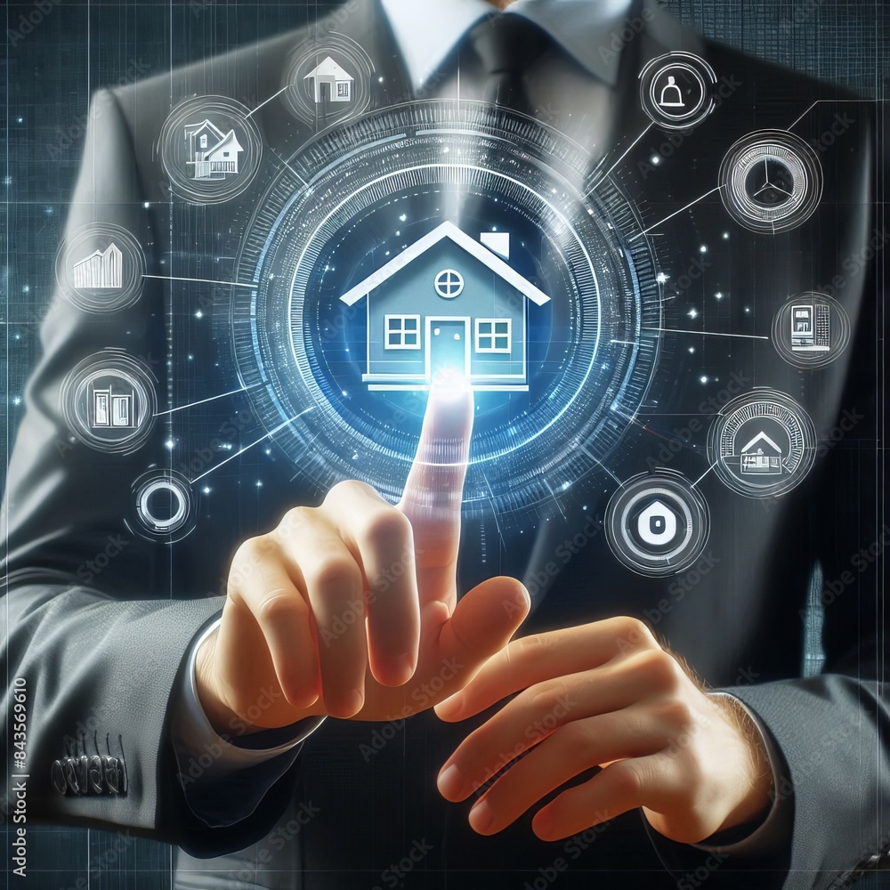 Real estate investment concept. Man touch virtual house icon for analyzing mortgage loan home and insurance real property mortgage. interest rate, Investment planning illustration generative ai Real estate investment concept. Man touch virtual house icon for analyzing mortgage loan home and insurance real property mortgage. interest rate, Investment planning illustration generative ai