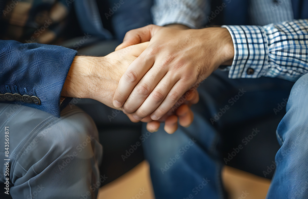 Fototapeta premium closeup of two hand holding each other one suit second jean man sitting office chair while another person stand next him giving his hand help or support Both people look their palm together if they