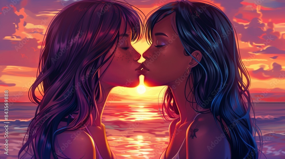 LGBT couple sharing a romantic kiss at sunset. Beautiful women enjoying a summer day together. A happy and affectionate relationship, captured in a tender moment of closeness and LGBT couple sharing a romantic kiss at sunset. Beautiful women enjoying a summer day together. A happy and affectionate relationship, captured in a tender moment of closeness and