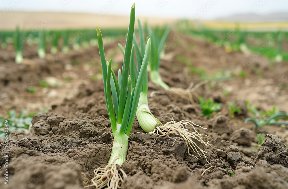 Obraz premium closeup shot of onion field Israeli Negev desert row upon row of green leeklike plant growing dirt soil focus one plant been pulled up reveal underground root earthy coloration background there