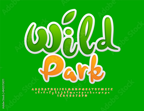 Vector ecologic poster Wild Park. Artistic Alphabet Letters and Numbers set. Funny handwritten Font.